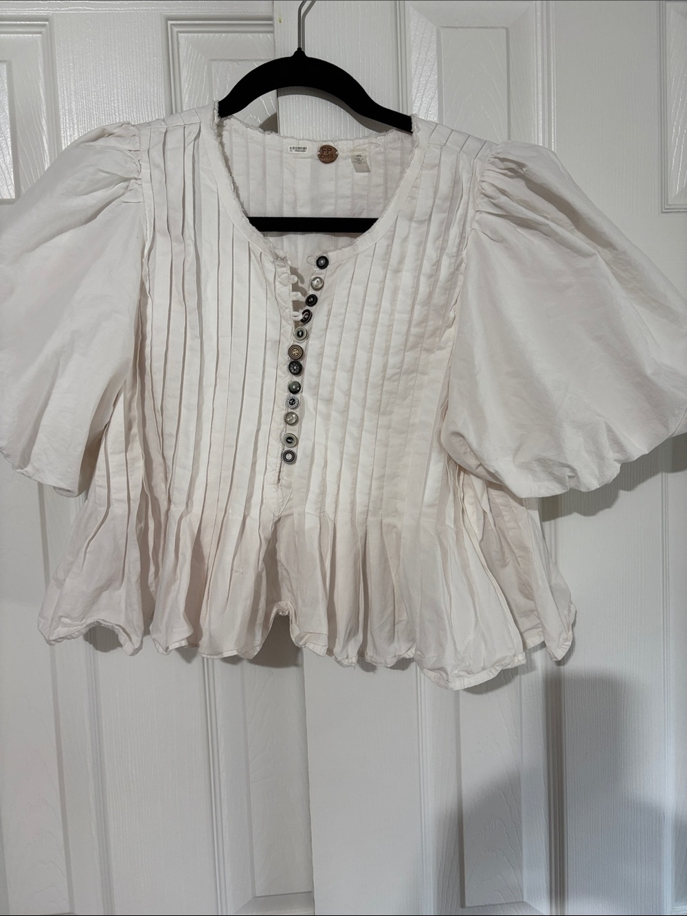 Free People Ivory Pintuck Peplum Blouse with Puff Sleeves